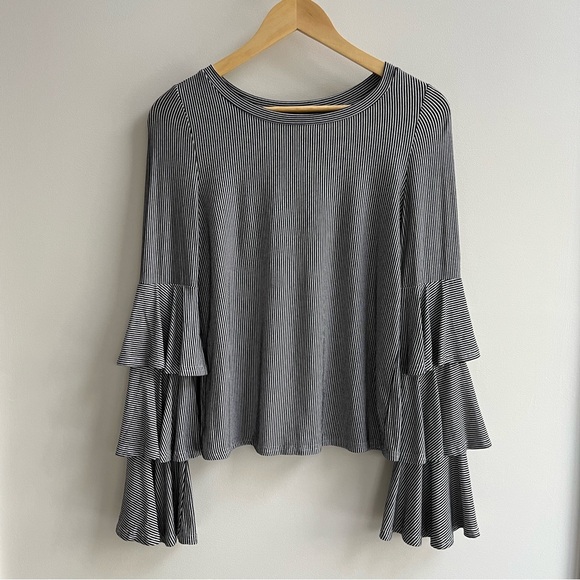 Belle & Sky Tops - [belle & sky] tiered ruffle bell sleeve striped top black white XS